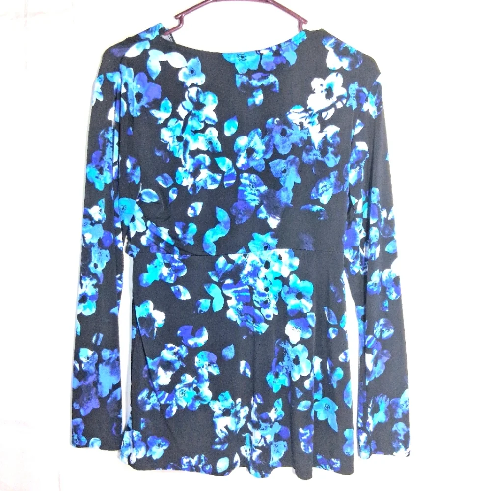 Daisy Fuentes M Black and Blue Goth Floral V Neck Boho Long Sleeve Tunic Blouse - Picture 5 of 8